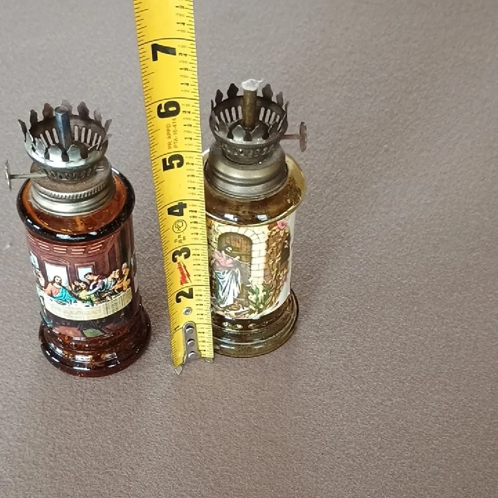 Vintage Amber and Pale Yellow Glass Mini Oil Lanterns with Religious Panels